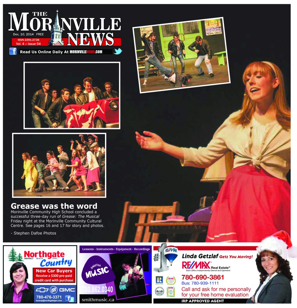 Front page of Morinville News featuring Morinville Community High School's production of Grease: The Musical, with students performing on stage.